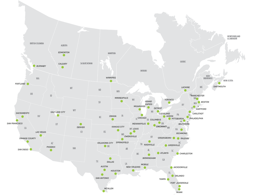 Map of United States with Locations Noted